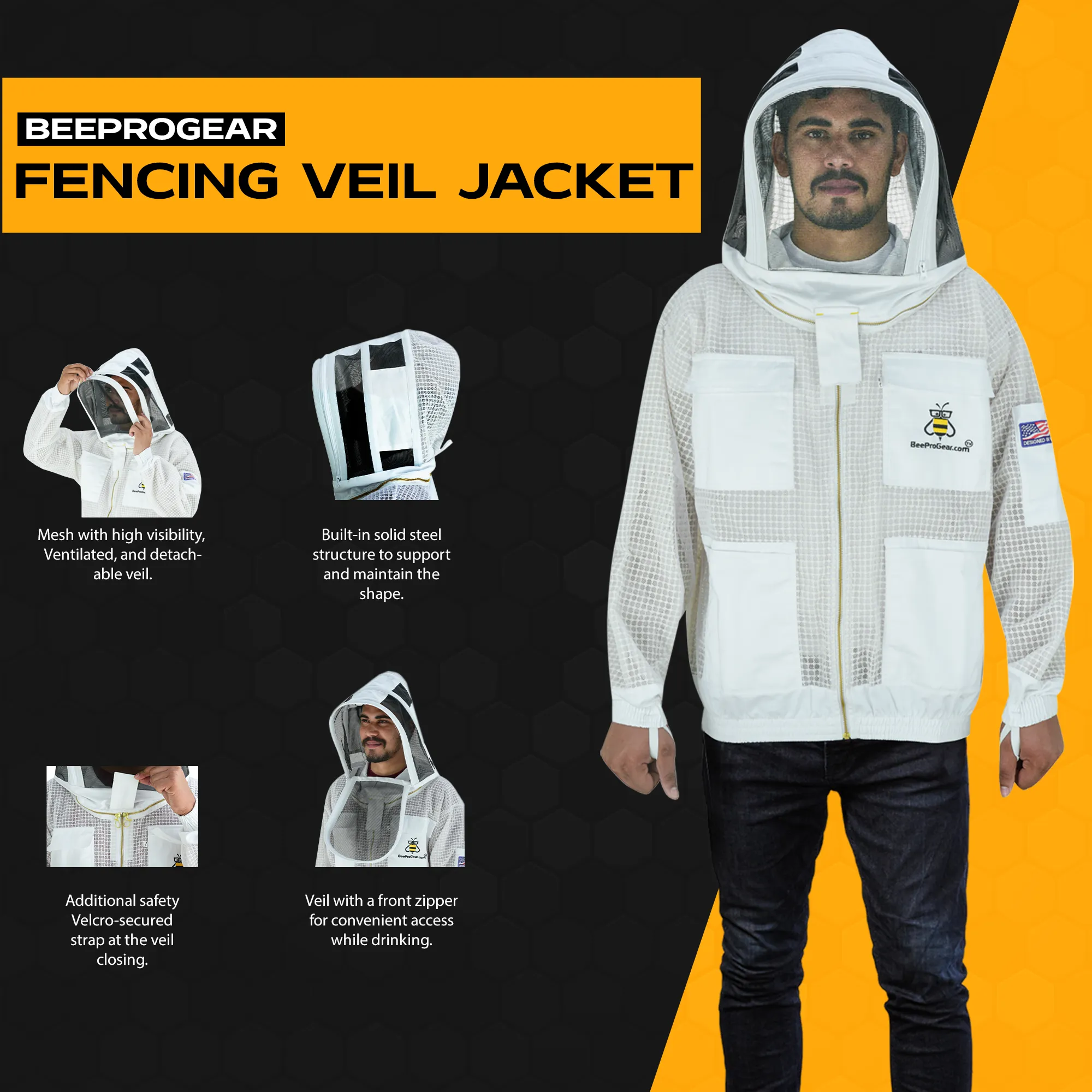 3-Layer Ultra Ventilated Beekeeping Jacket with Fencing Veil | Sting-Proof Protection for Men & Women | White