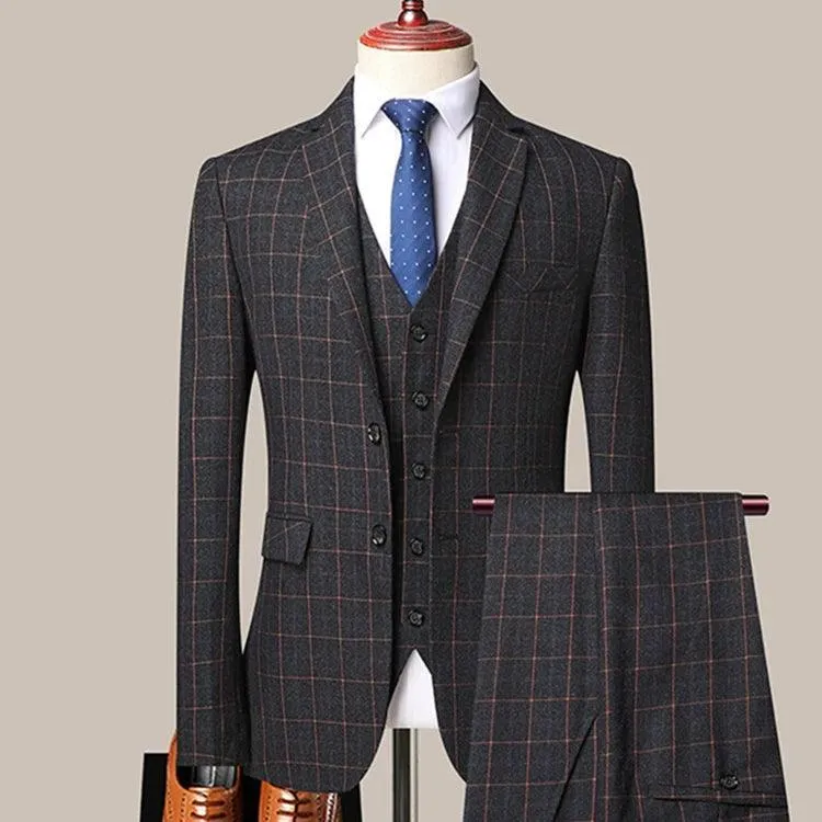 3-Piece Black Men’s Suit - Plaid Business Style