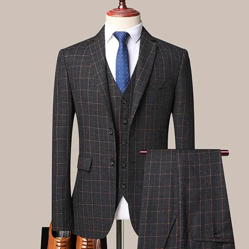 3-Piece Black Men’s Suit - Plaid Business Style