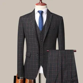 3-Piece Black Men’s Suit - Plaid Business Style