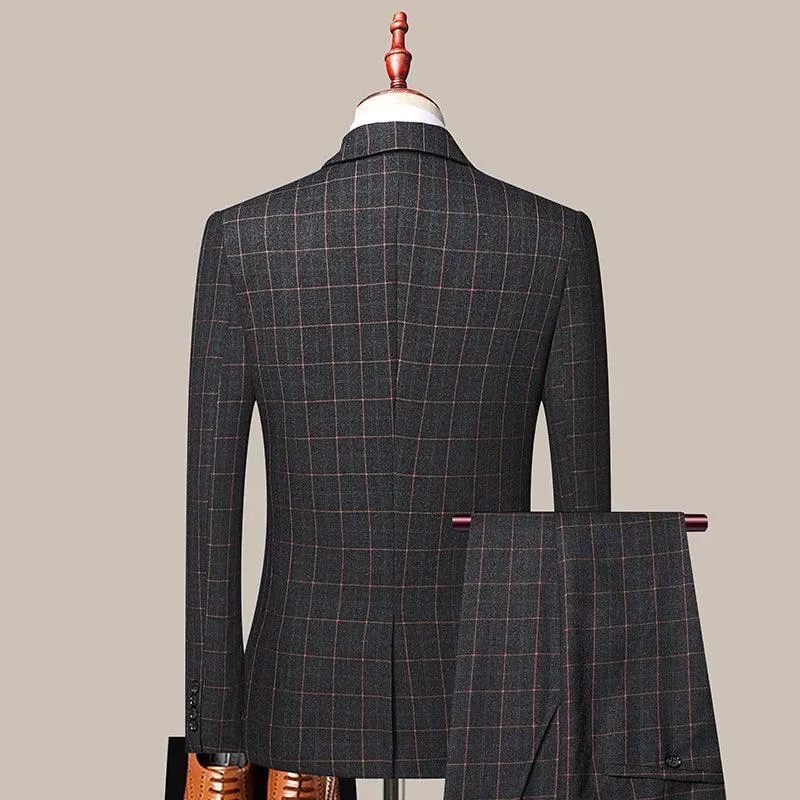 3-Piece Black Men’s Suit - Plaid Business Style