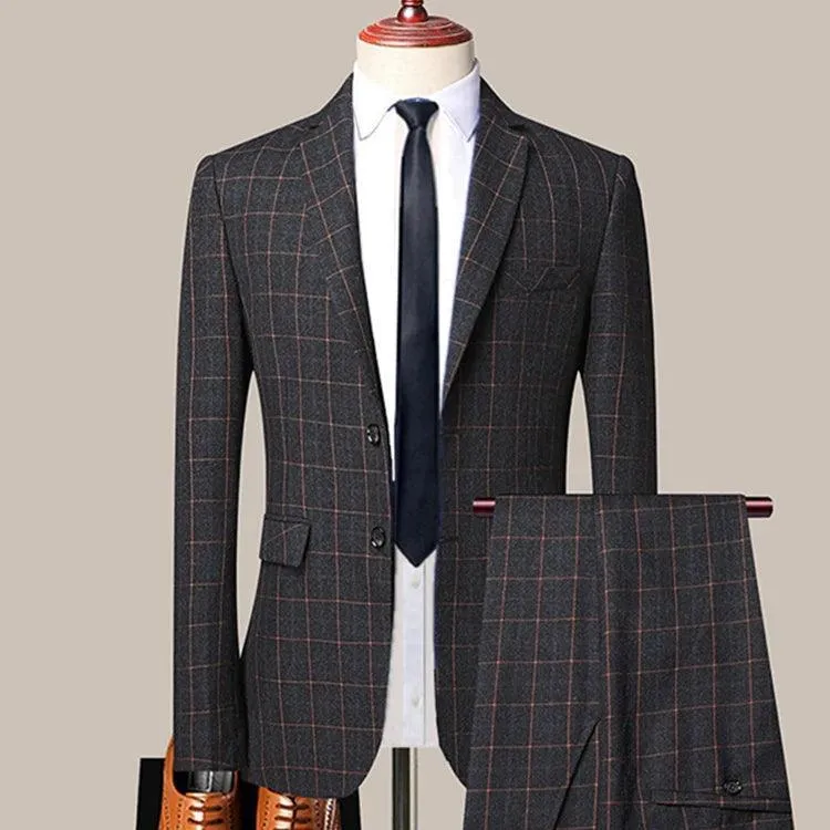 3-Piece Black Men’s Suit - Plaid Business Style