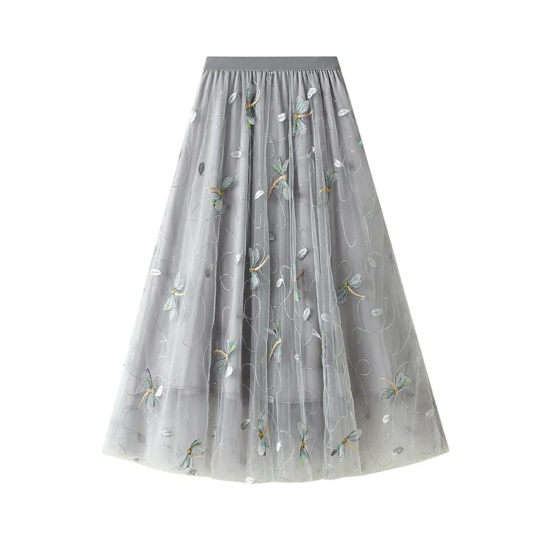 3D Embroidered Dragonfly Mesh Skirt French High Waist Skirt 745