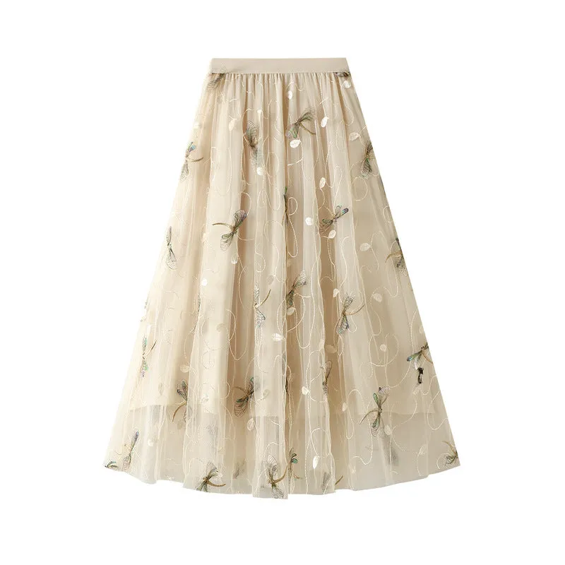 3D Embroidered Dragonfly Mesh Skirt French High Waist Skirt 745
