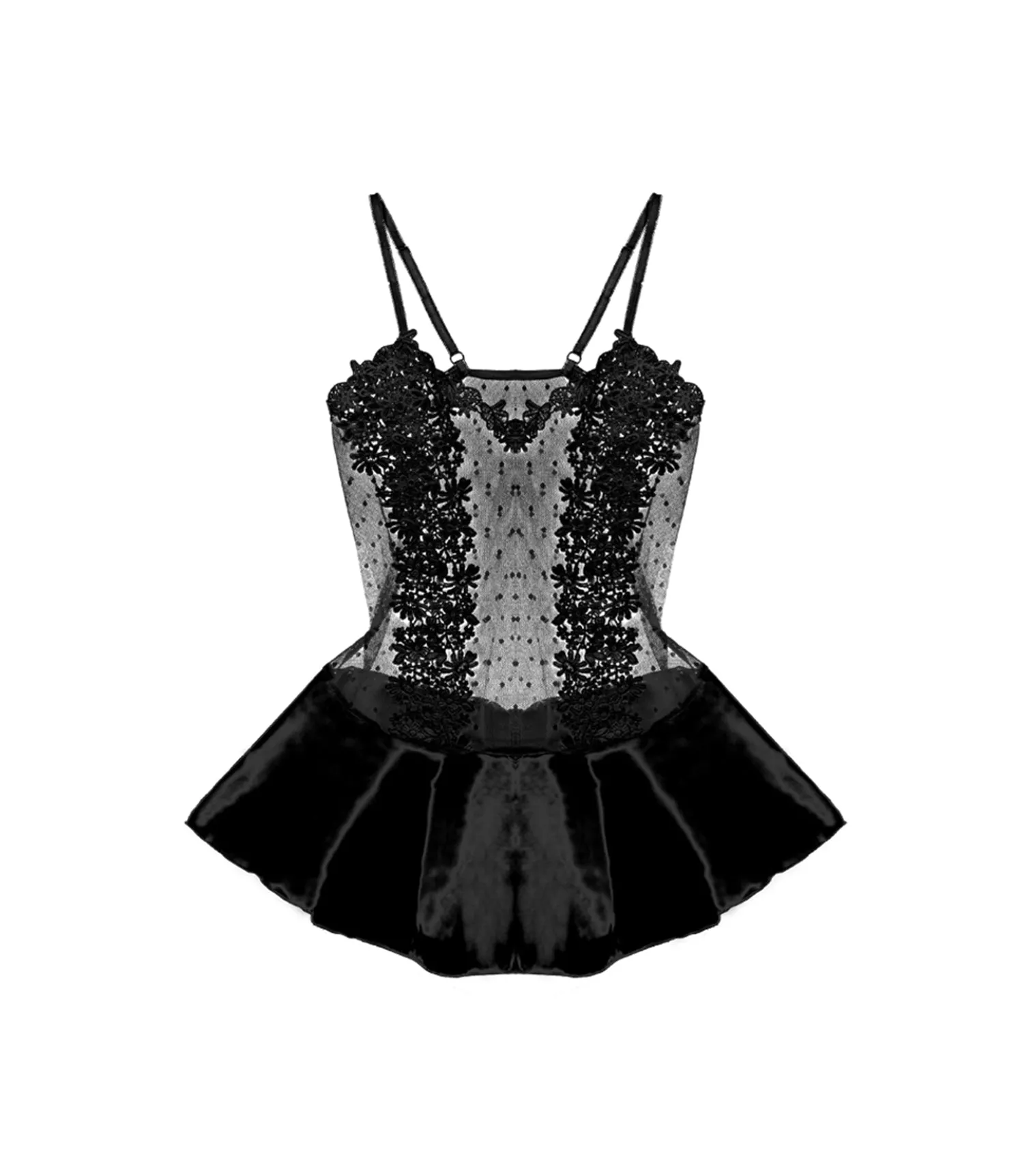 3D Lace Flower Embroidery Transparent One-piece Pajamas Black