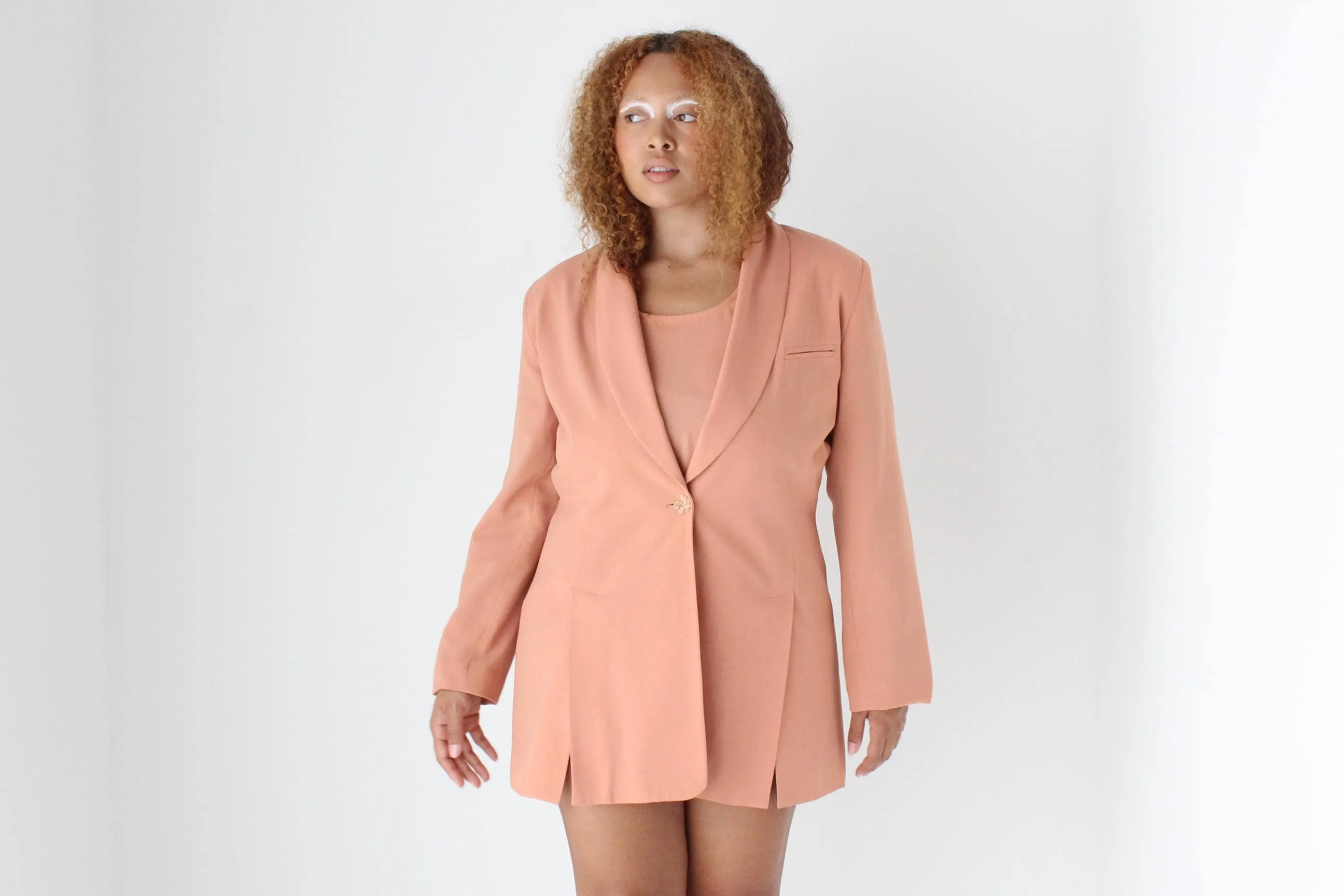 90s Salmon Crepe THREE PIECE Top, Blazer & Mini Skirt Suit
