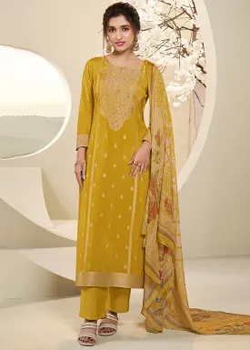 Amber Yellow Muslin Jacquard Suit Featuring Designer Yoke & Thread Weaving Work