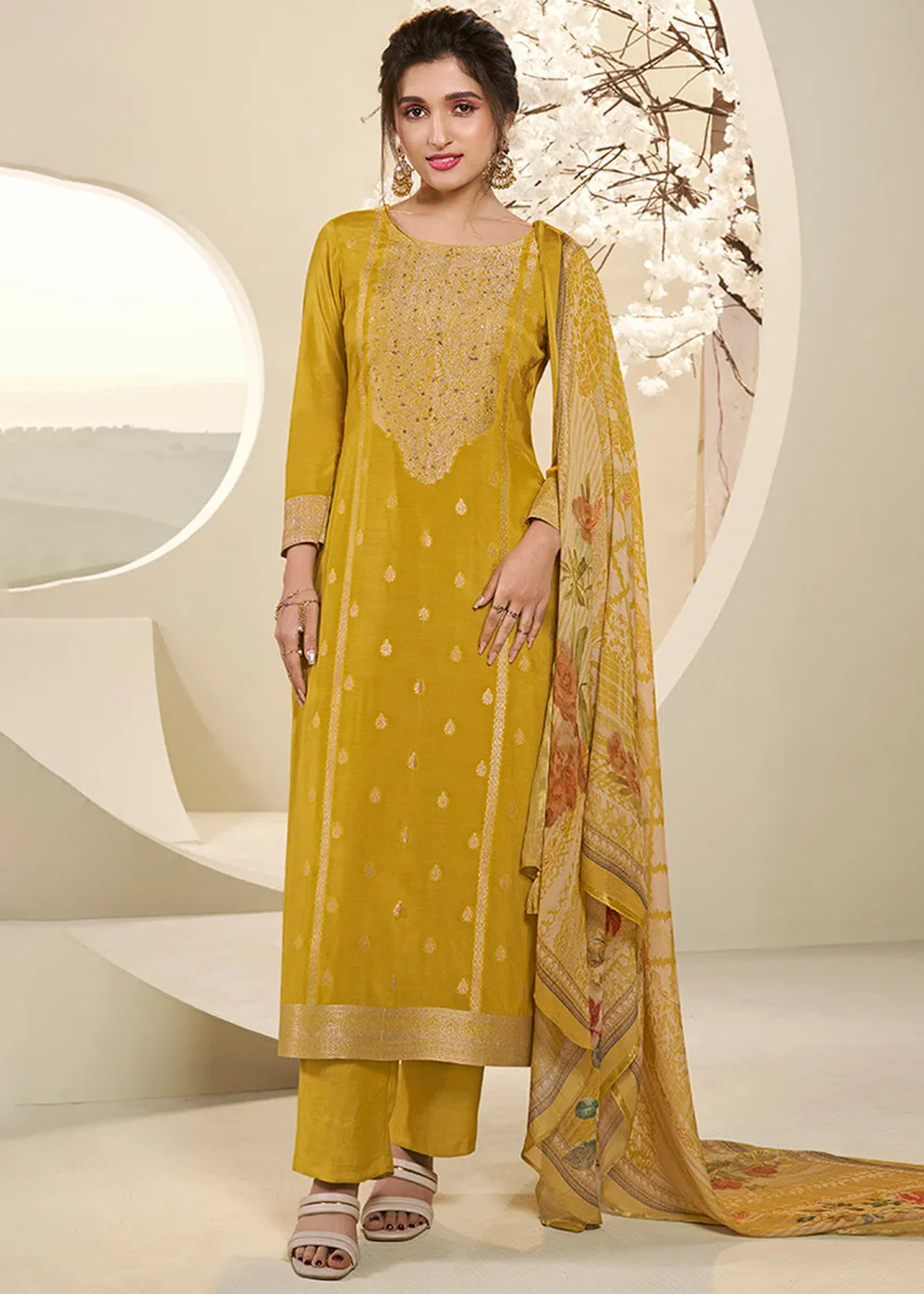 Amber Yellow Muslin Jacquard Suit Featuring Designer Yoke & Thread Weaving Work
