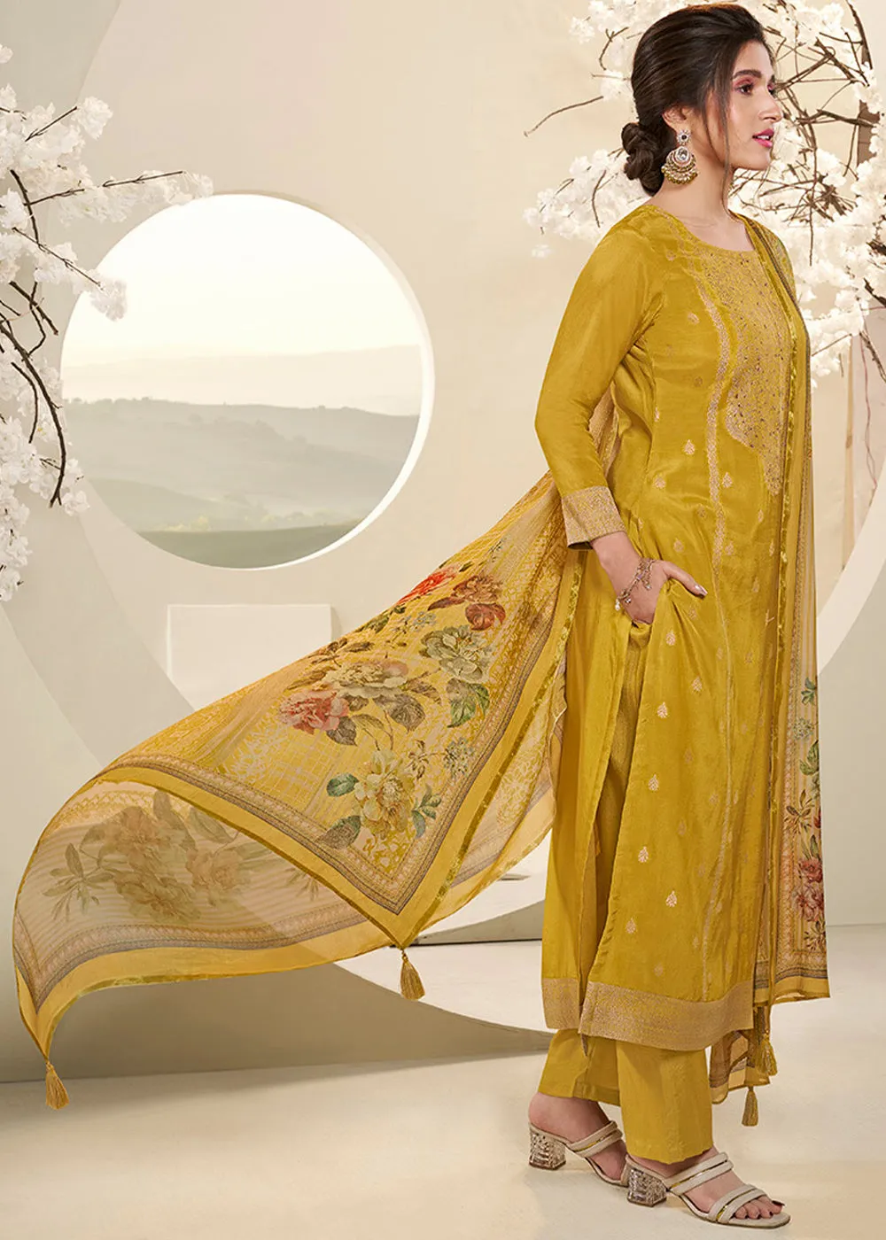 Amber Yellow Muslin Jacquard Suit Featuring Designer Yoke & Thread Weaving Work
