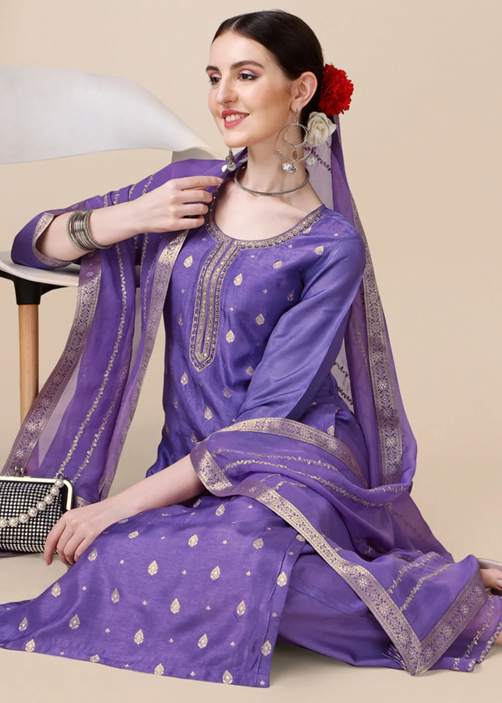 Amethyst Purple Dola Silk Suit Featuring Jacquard Pattern Weaving