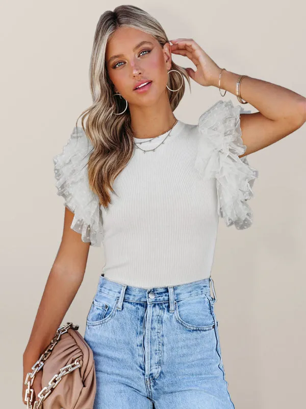 Anahi Women's Knitted See-Through Mesh Stitching Ruffle Sleeve Vest