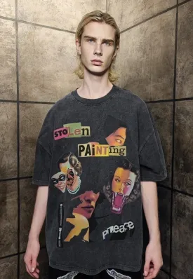 Art t-shirt premium vintage wash retro grunge tee acid grey