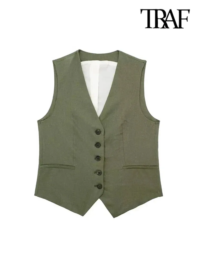 Back To School Joskaa Women Fashion Front Button Linen Waistcoat Vintage V Neck Sleeveless Female Outerwear Chic Vest Tops