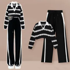 Black Heart Pattern Stripe Sweater Casual Pants