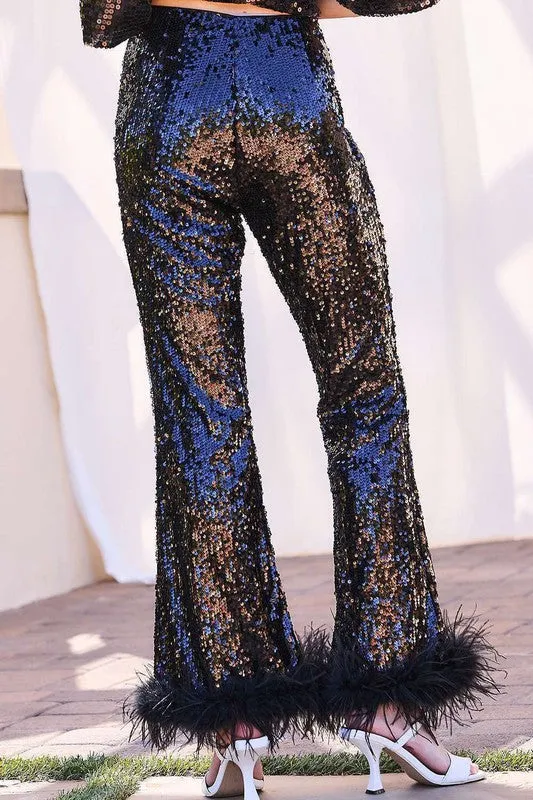 Black Side Zipper Hem Feather Trim Sequin Wide Leg Pants