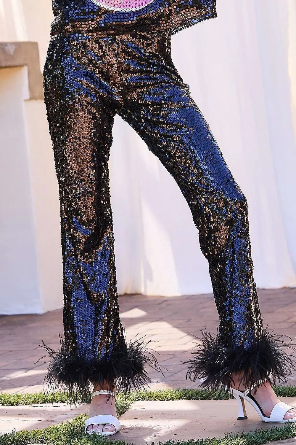 Black Side Zipper Hem Feather Trim Sequin Wide Leg Pants
