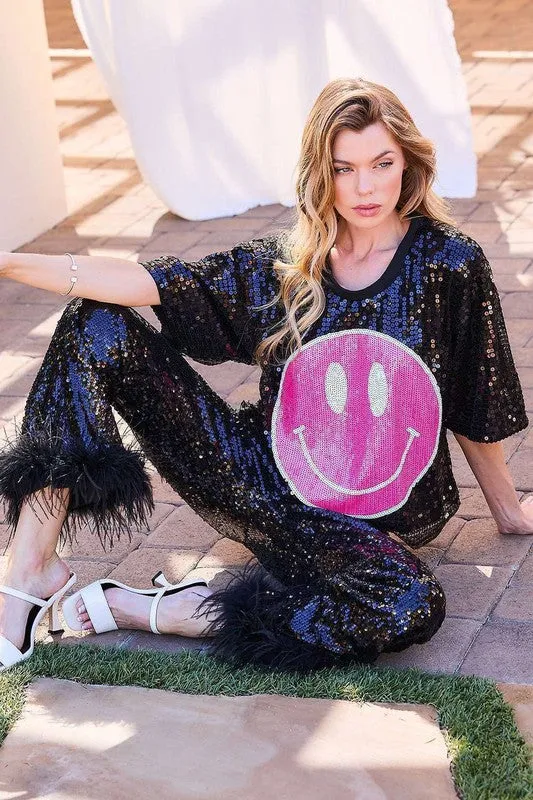 Black Side Zipper Hem Feather Trim Sequin Wide Leg Pants
