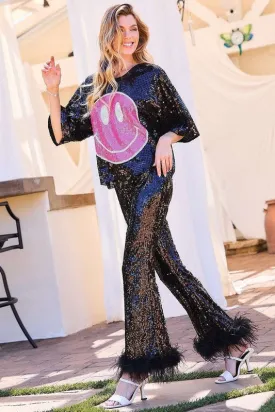 Black Side Zipper Hem Feather Trim Sequin Wide Leg Pants
