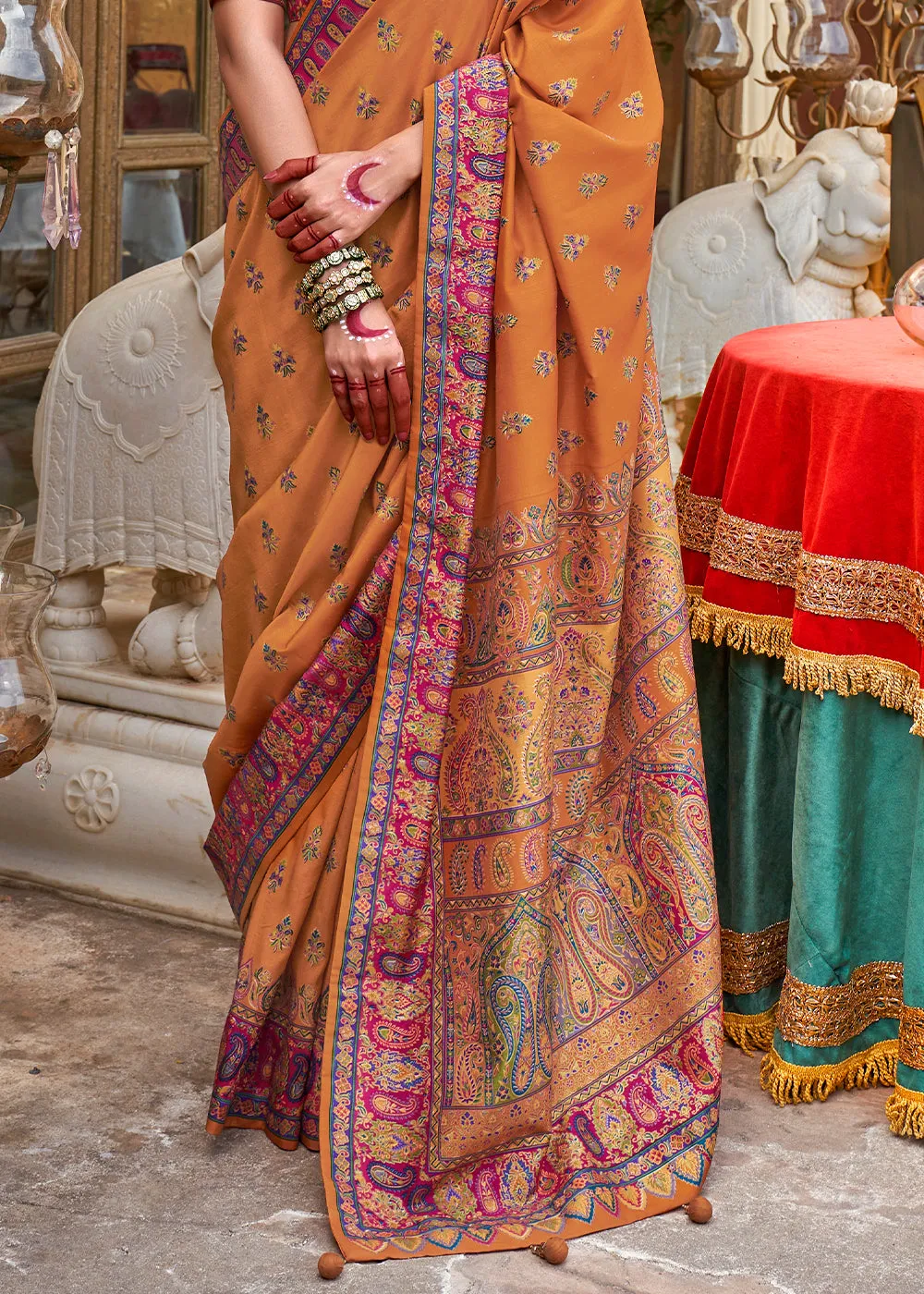 Blaze Orange Silk Saree Featuring Traditional Jamawar Print