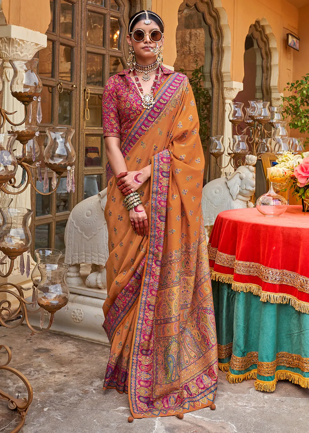 Blaze Orange Silk Saree Featuring Traditional Jamawar Print