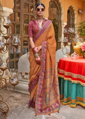 Blaze Orange Silk Saree Featuring Traditional Jamawar Print