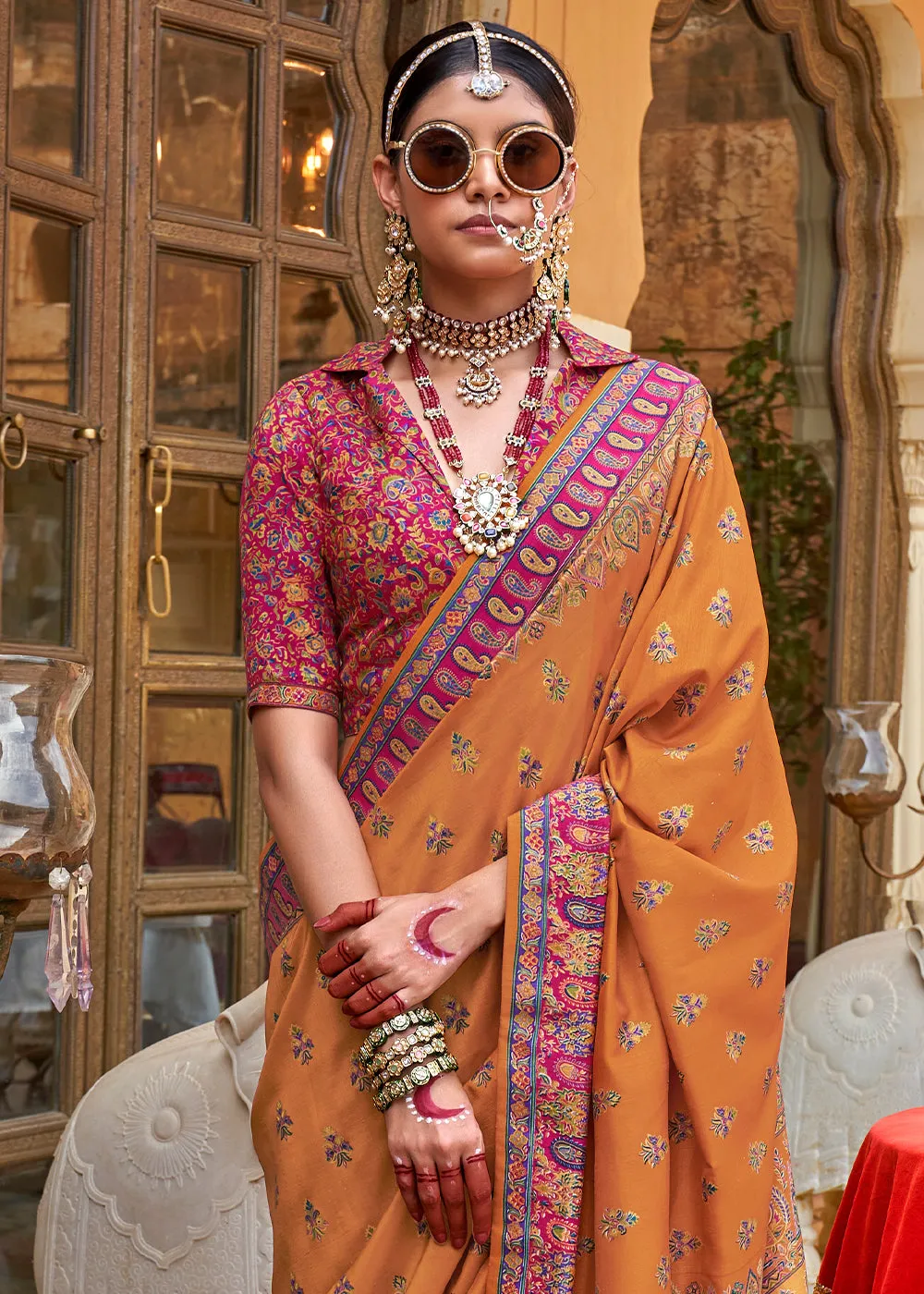 Blaze Orange Silk Saree Featuring Traditional Jamawar Print