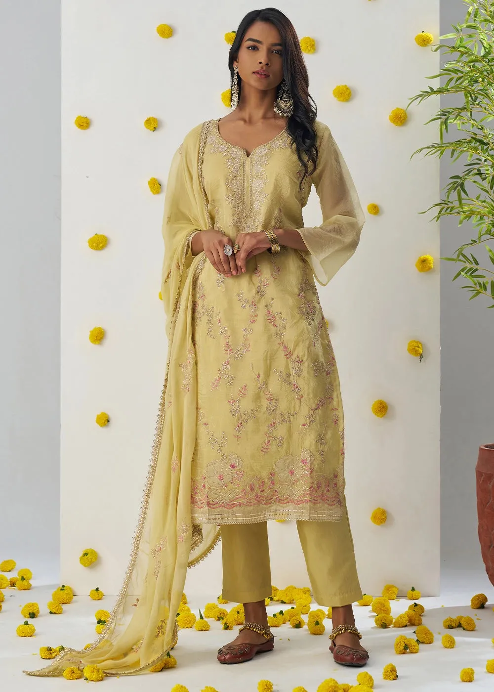 Blonde Yellow Crush Organza Salwar Suit with Floral Embroidery work