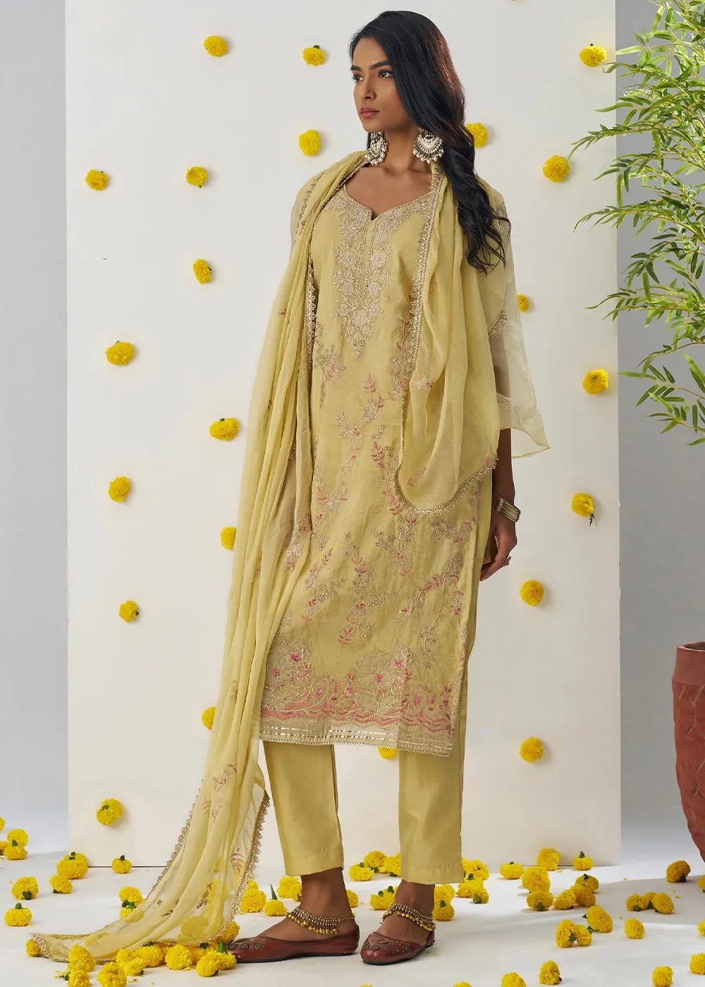 Blonde Yellow Crush Organza Salwar Suit with Floral Embroidery work