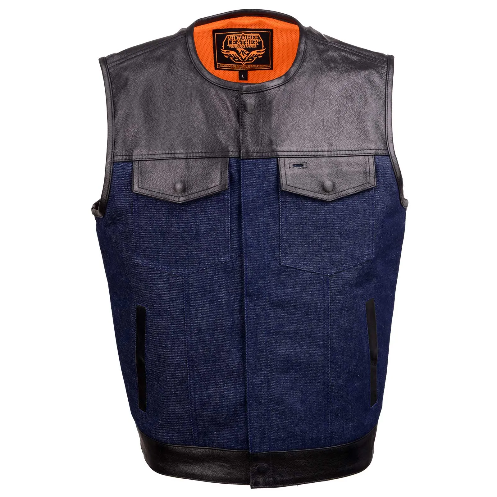 BLUE MDM3004 Men's 'Brute' Concealed Snap Blue Denim and Black Leather Club Style Vest w/ Hidden Zipper