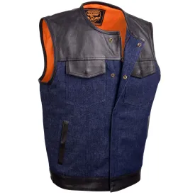 BLUE MDM3004 Men's 'Brute' Concealed Snap Blue Denim and Black Leather Club Style Vest w/ Hidden Zipper