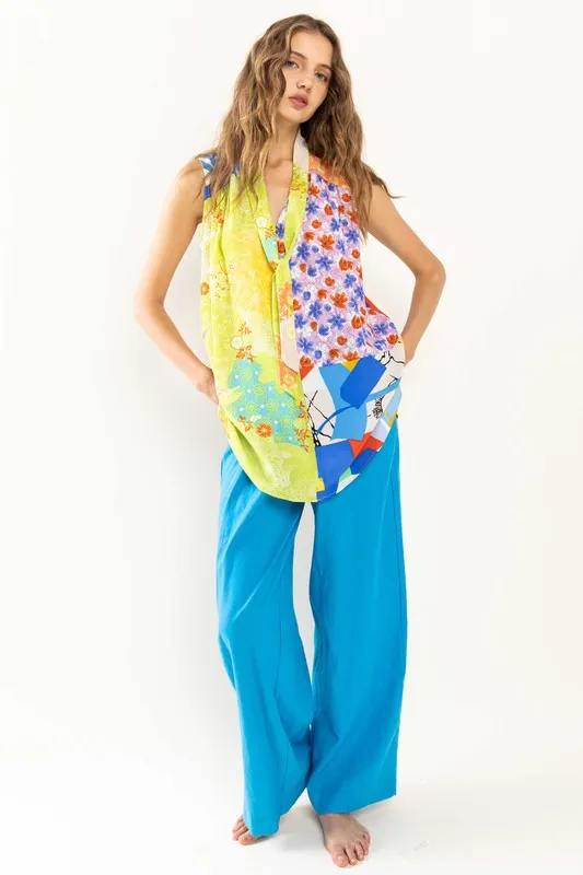 Blue Solid Straight Pants With Elastic Waist Band