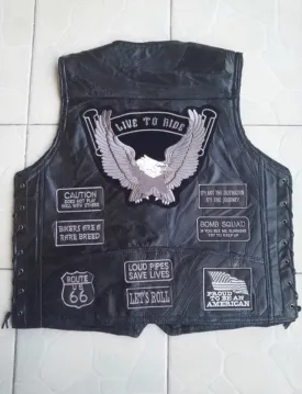 BONJEAN Mens Eagle Patch Black Genuine Leather Motorcycle Vest   Lacing US Flag MC Sheepskin Sleeveless Biker Jackets Gray Patch
