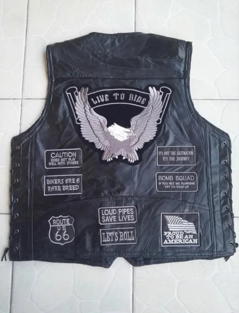 BONJEAN Mens Eagle Patch Black Genuine Leather Motorcycle Vest   Lacing US Flag MC Sheepskin Sleeveless Biker Jackets Gray Patch