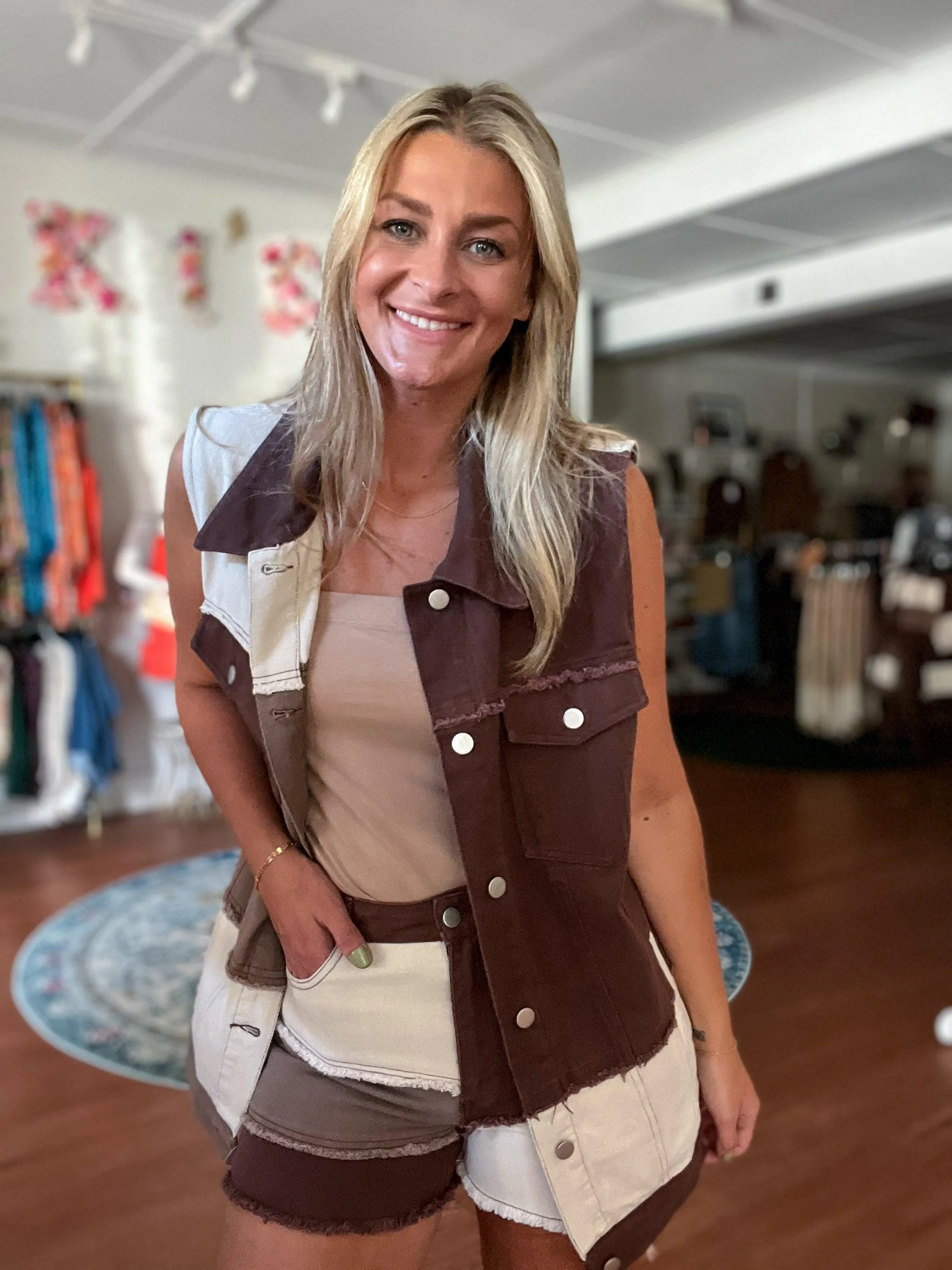 Brown Denim Patch Combo Color Vest