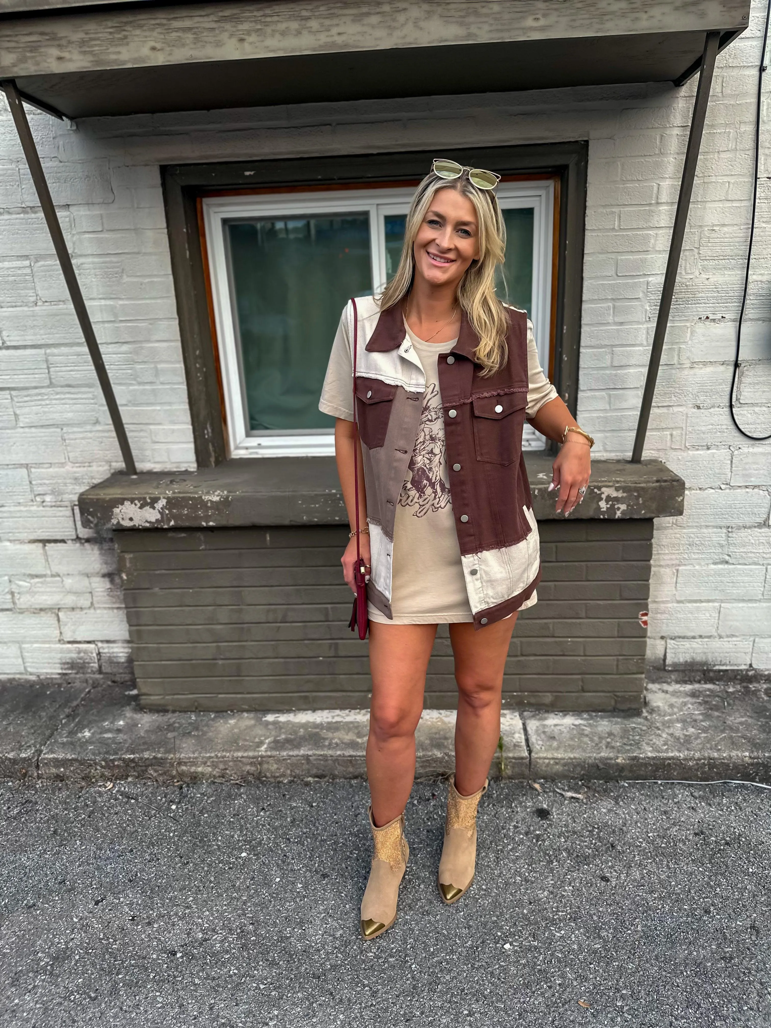 Brown Denim Patch Combo Color Vest