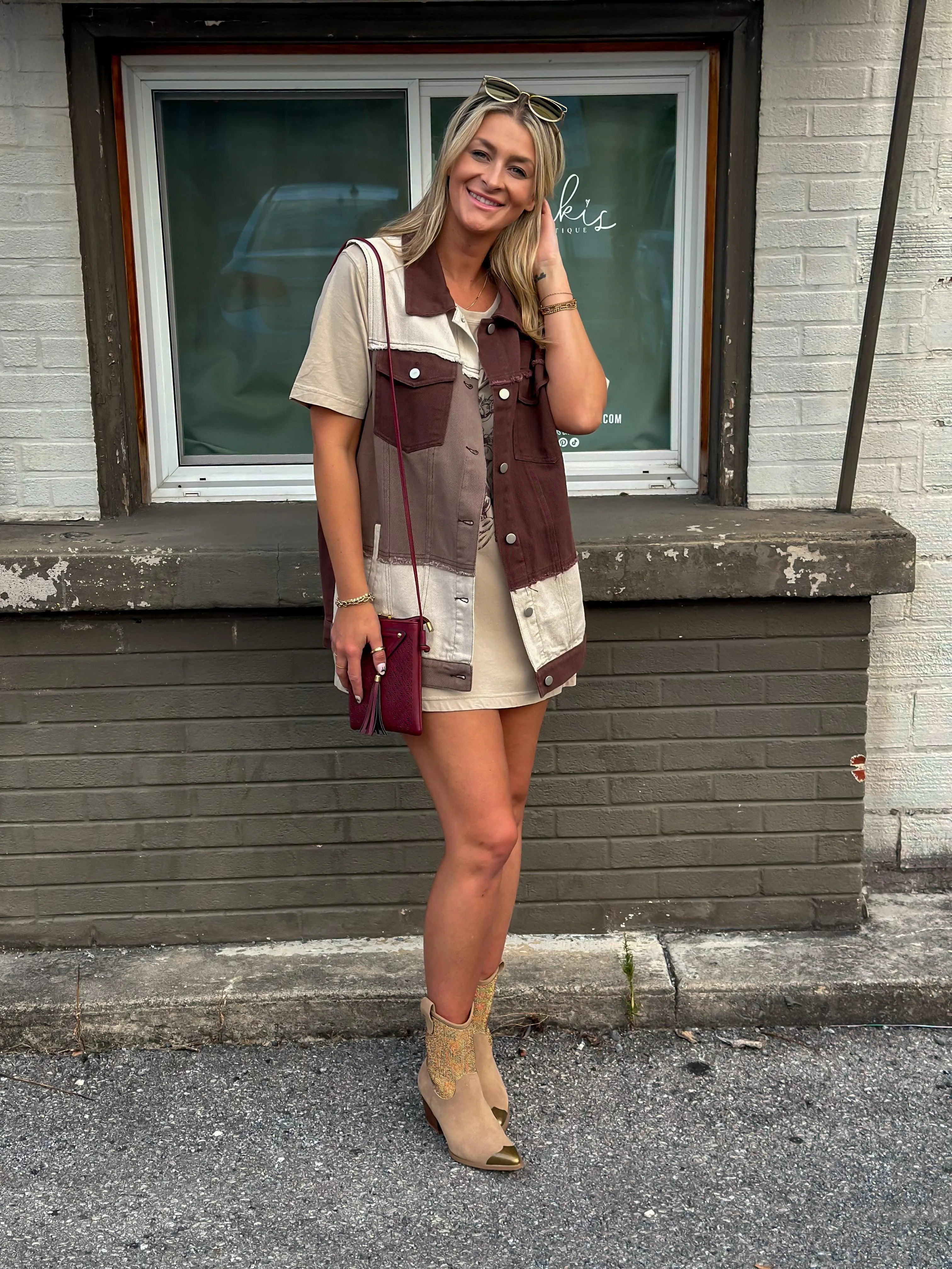 Brown Denim Patch Combo Color Vest