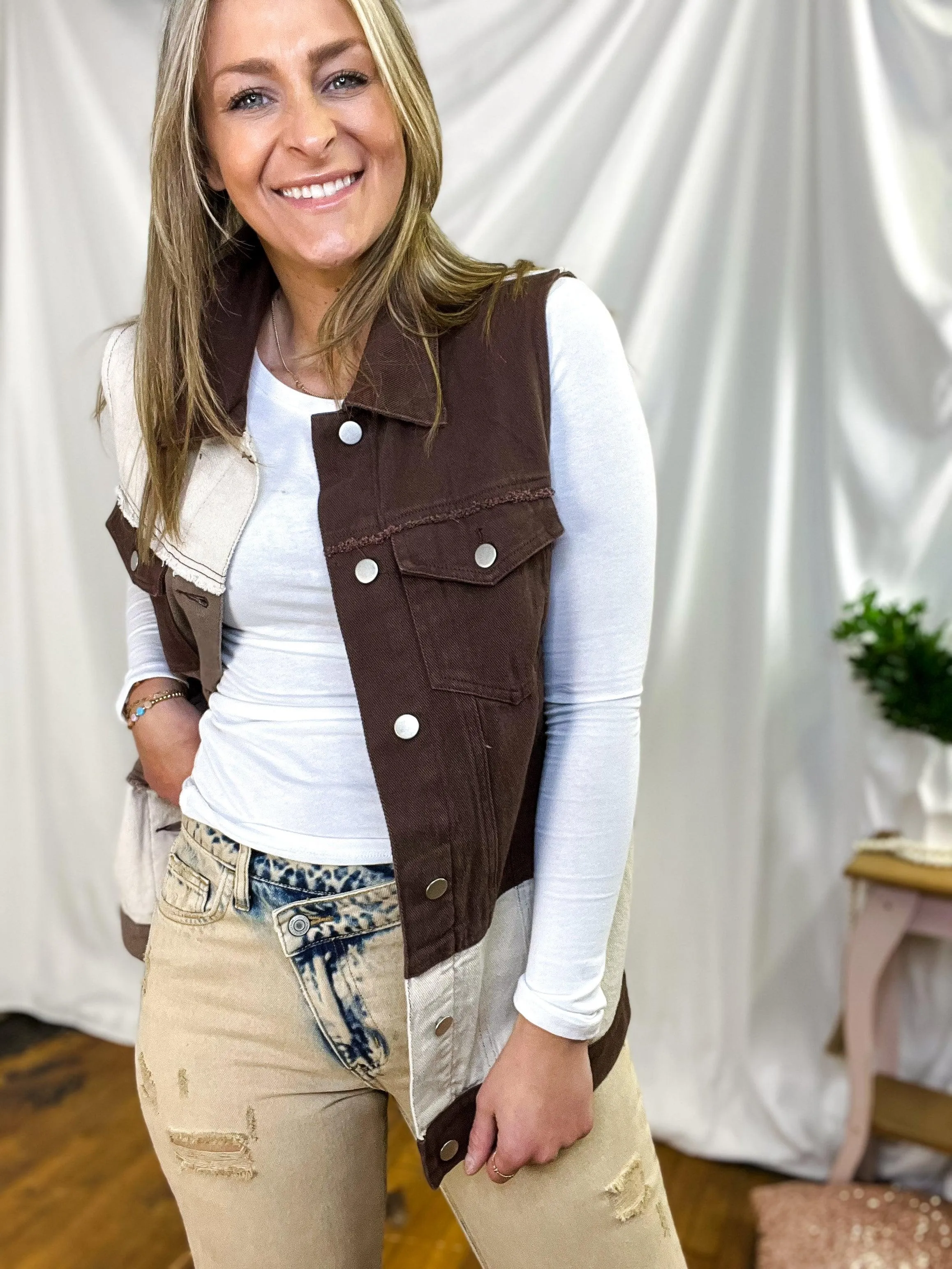 Brown Denim Patch Combo Color Vest