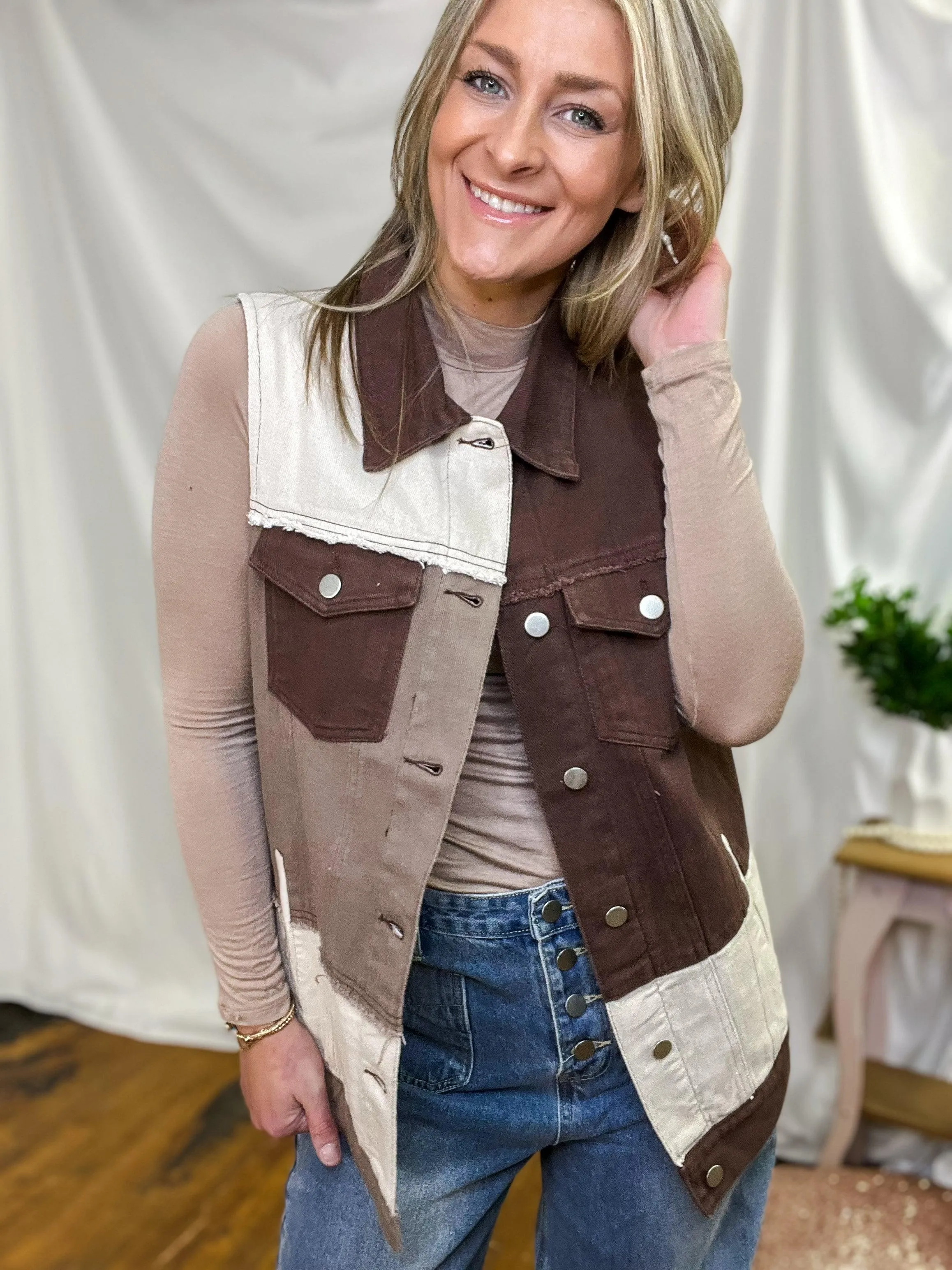 Brown Denim Patch Combo Color Vest