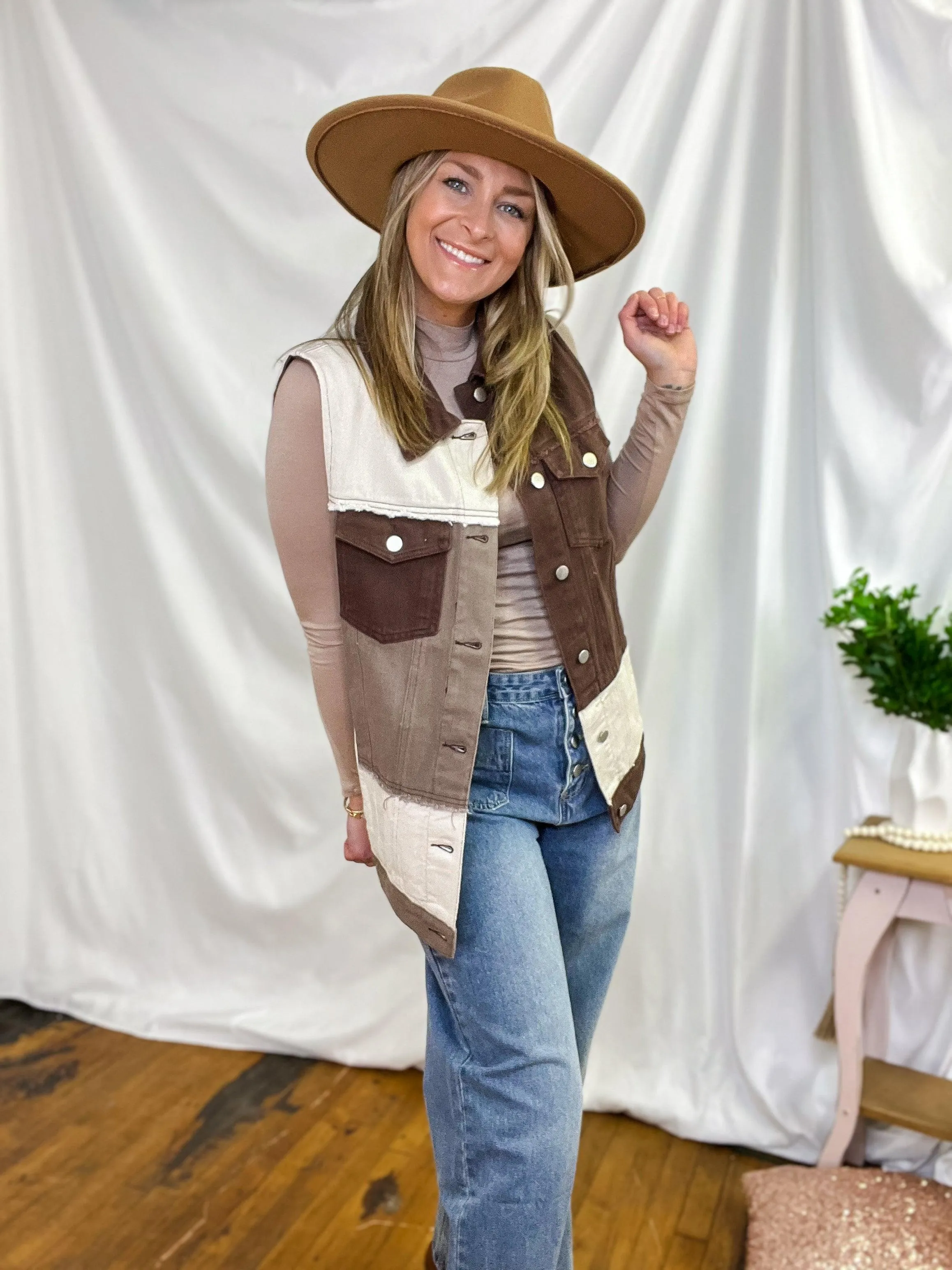 Brown Denim Patch Combo Color Vest