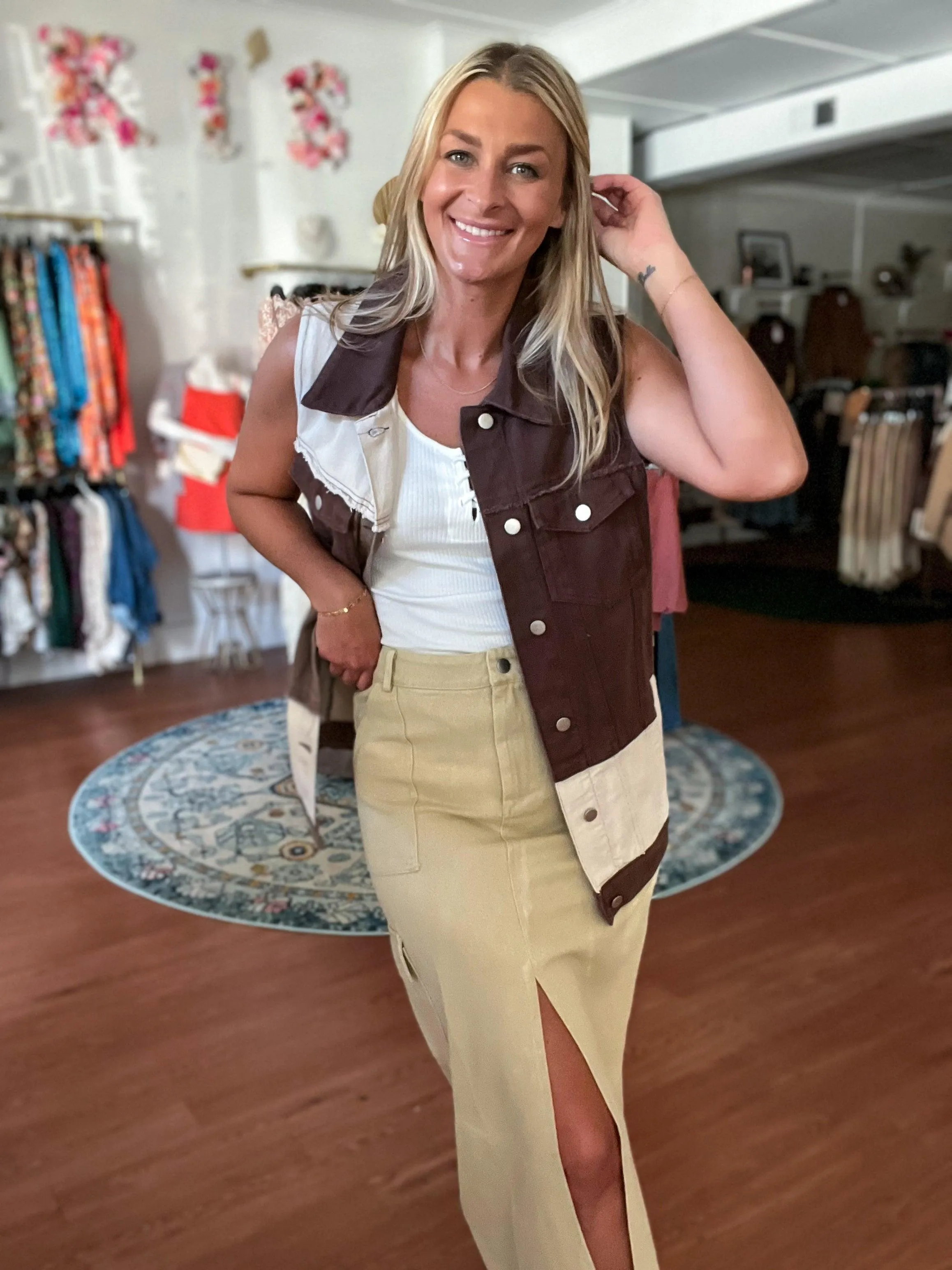 Brown Denim Patch Combo Color Vest