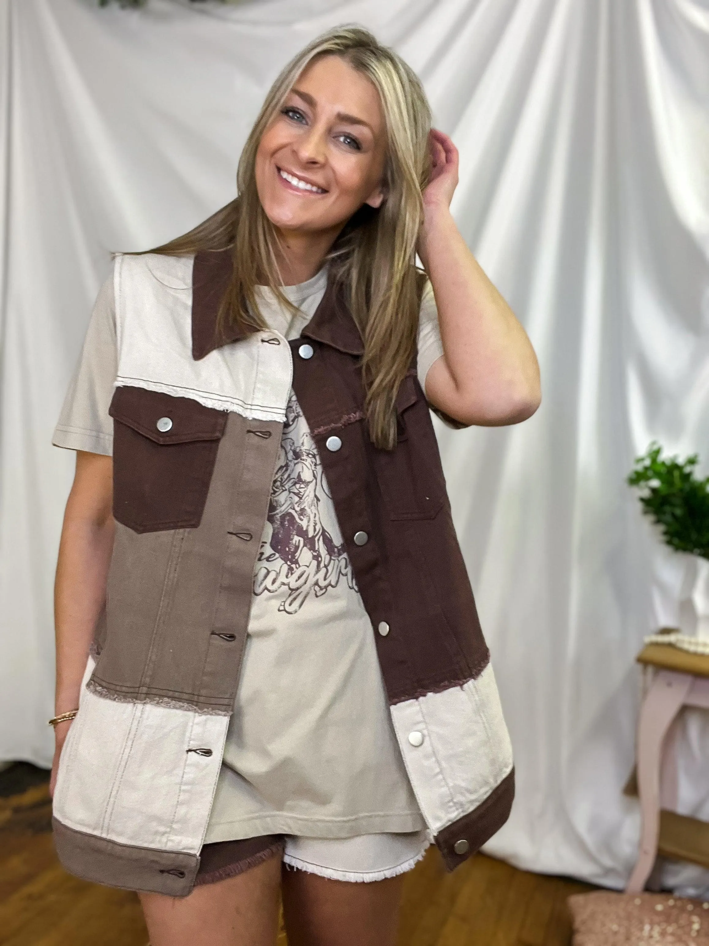 Brown Denim Patch Combo Color Vest