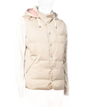 Brunello Cucinelli Padded Hooded Down Beige Brown Gilet Men's Outerwear Vest Orange Interior