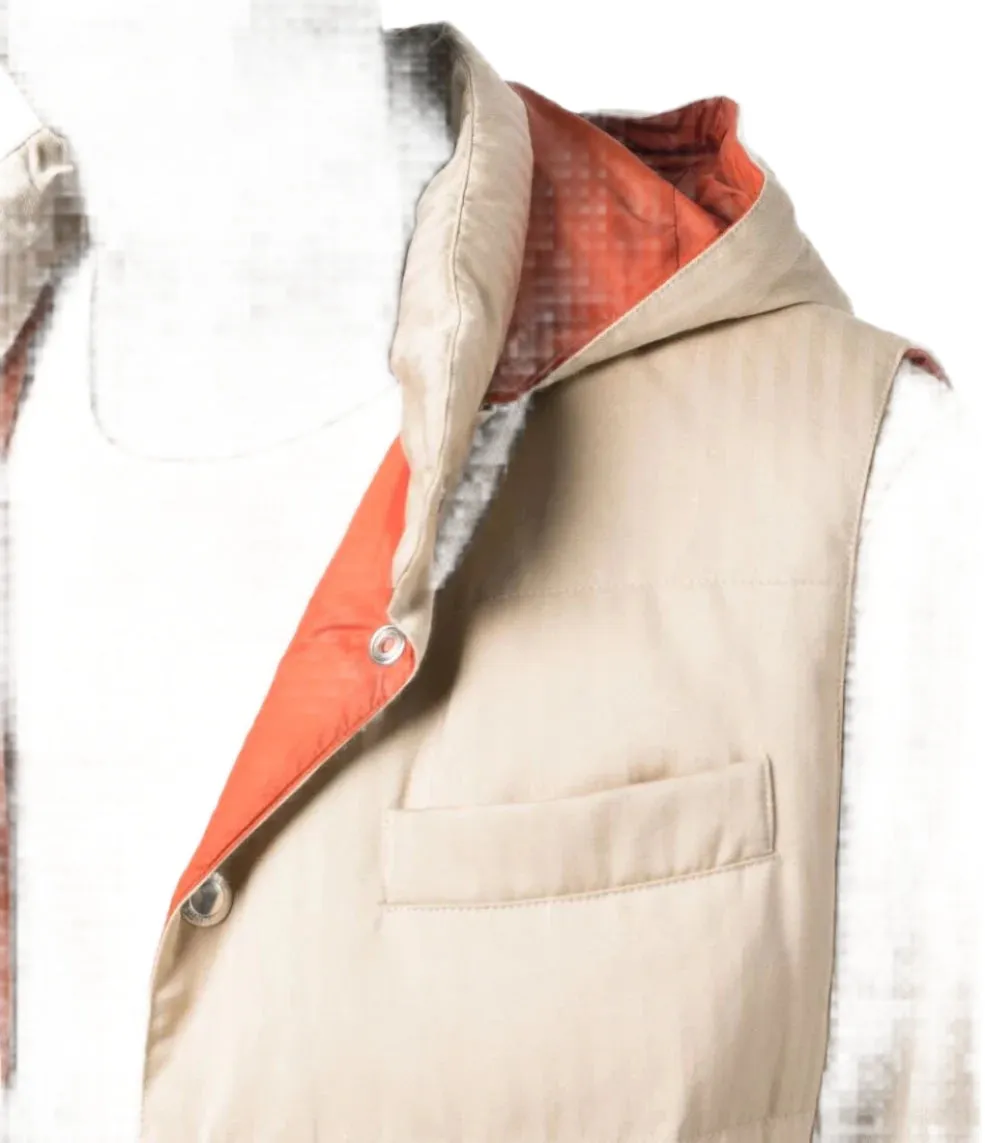 Brunello Cucinelli Padded Hooded Down Beige Brown Gilet Men's Outerwear Vest Orange Interior