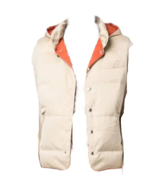 Brunello Cucinelli Padded Hooded Down Beige Brown Gilet Men's Outerwear Vest Orange Interior