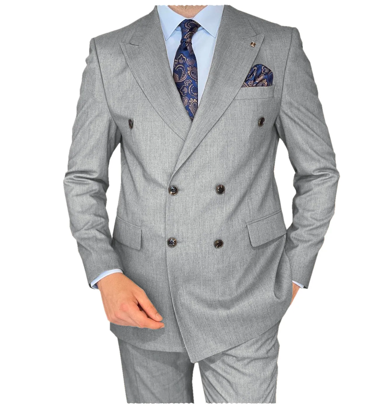 Business 2 Pieces Mens Suit Flat Peak Lapel Double Breasted Tuxedos For Wedding (Blazer Pants)