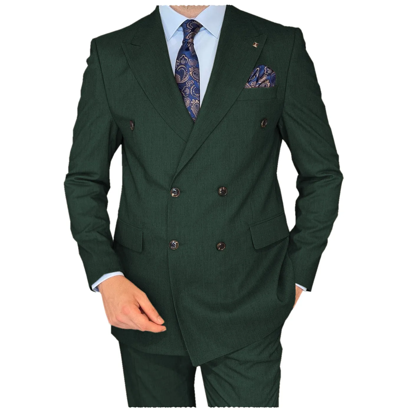 Business 2 Pieces Mens Suit Flat Peak Lapel Double Breasted Tuxedos For Wedding (Blazer Pants)