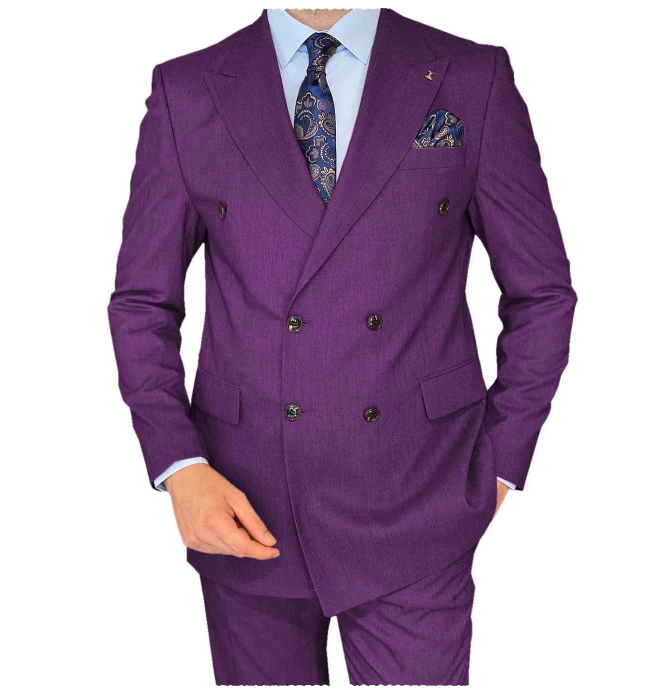 Business 2 Pieces Mens Suit Flat Peak Lapel Double Breasted Tuxedos For Wedding (Blazer Pants)