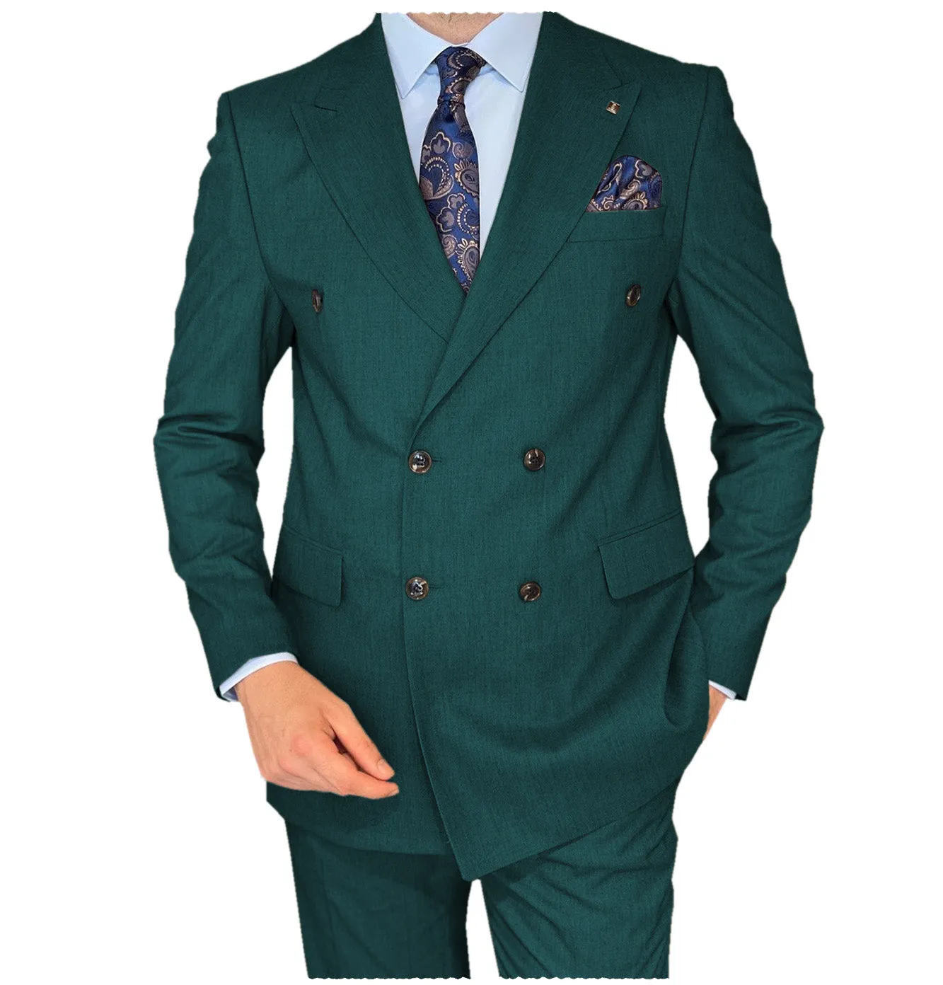 Business 2 Pieces Mens Suit Flat Peak Lapel Double Breasted Tuxedos For Wedding (Blazer Pants)