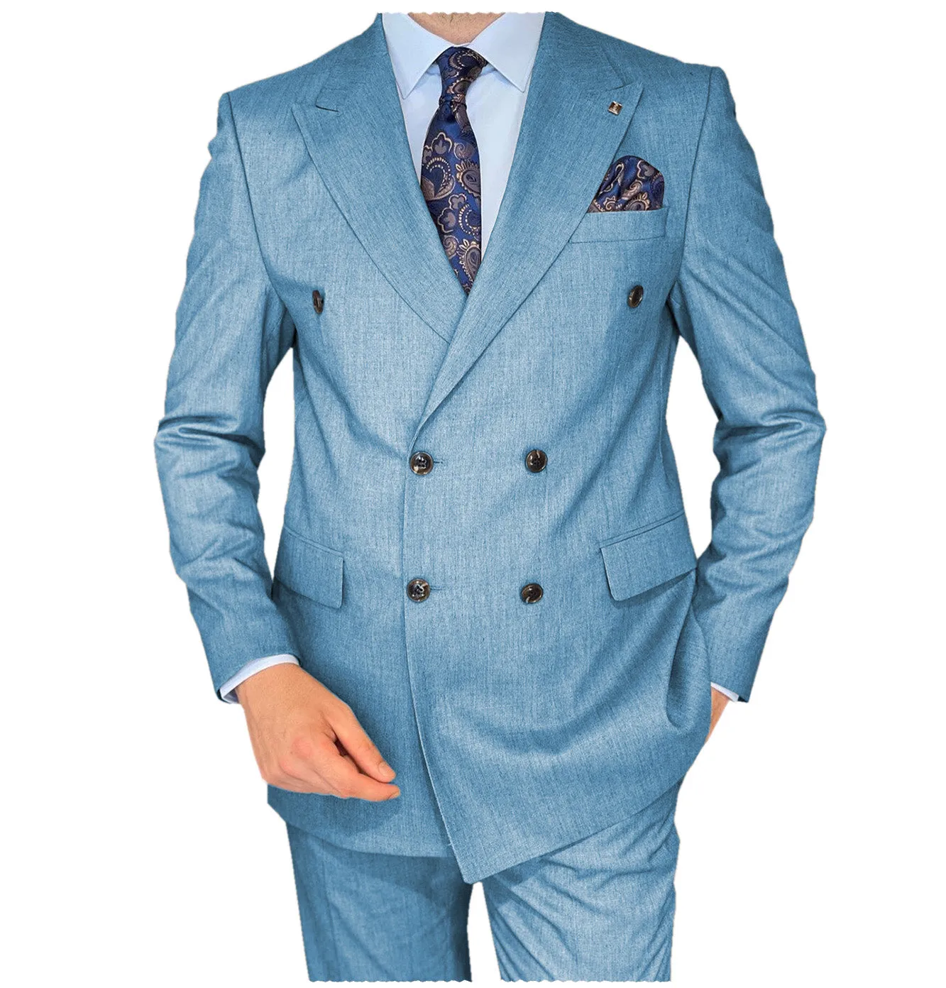 Business 2 Pieces Mens Suit Flat Peak Lapel Double Breasted Tuxedos For Wedding (Blazer Pants)