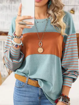 Calliope Pullover Round Neck Casual Striped Contrast Long-Sleeved T-Shirt